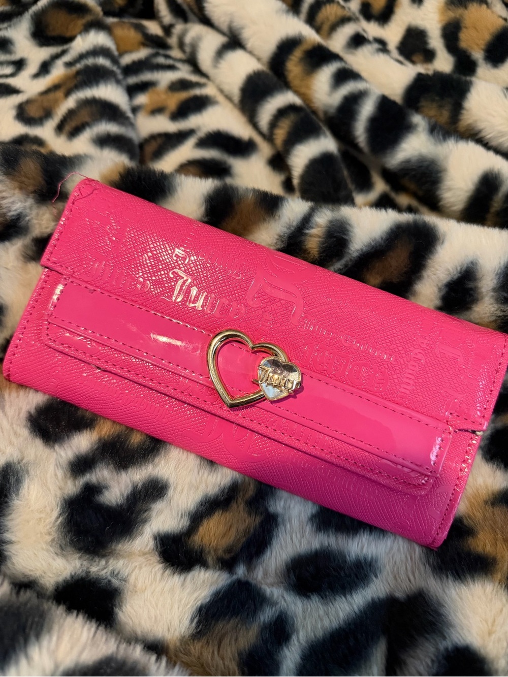 Juicy Couture Hot Pink Patent Wallet with Gold Heart Accent